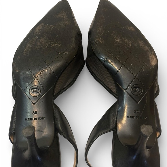 CHANEL Black Mesh Slingback Heels CC Logo Pointed Toe - Picture 6 of 10